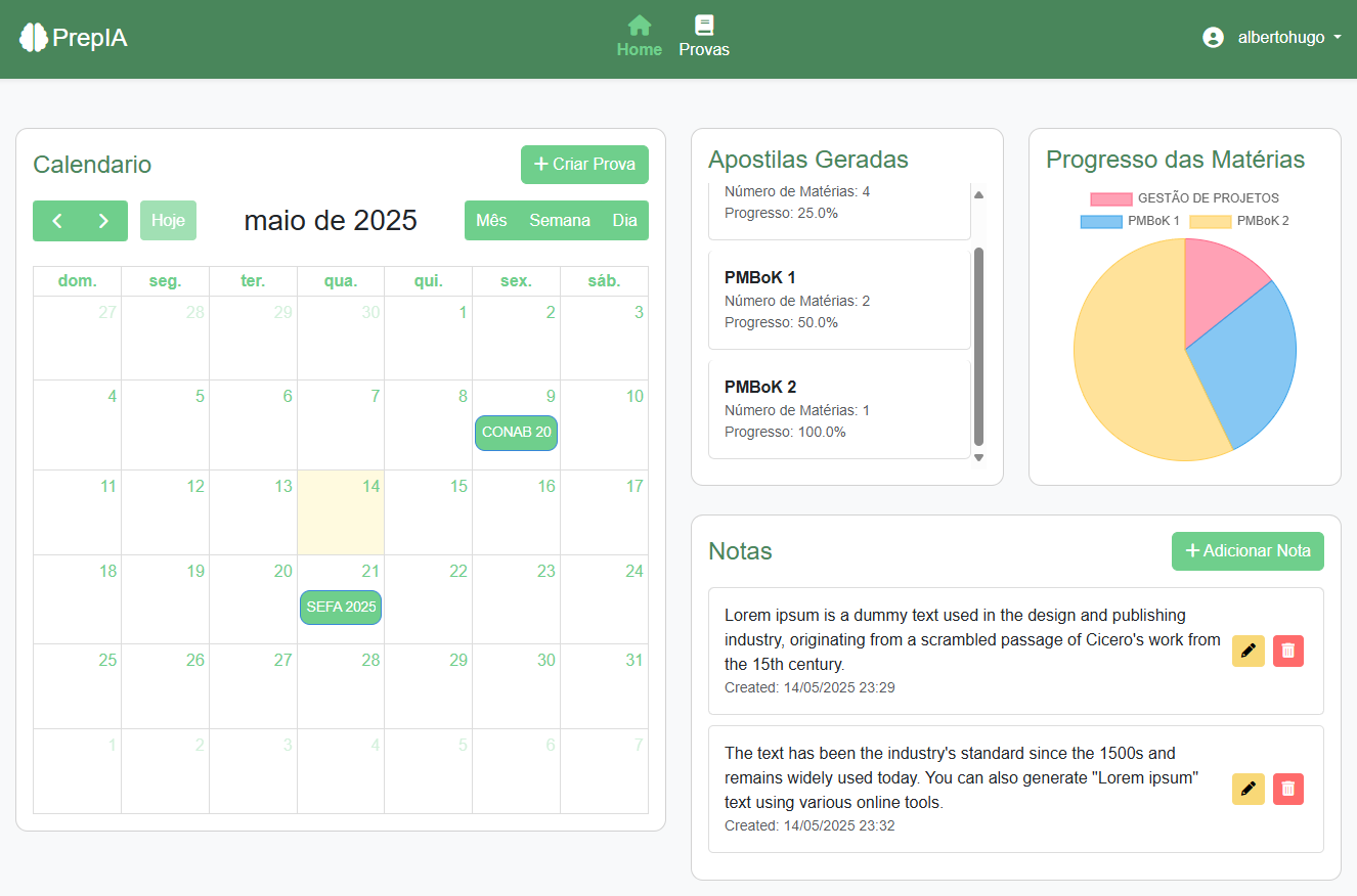 Acompanhamento do progresso e calendário de provas